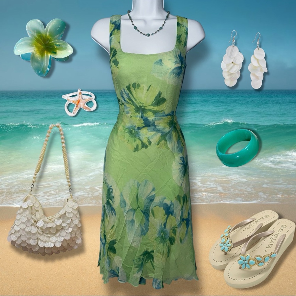 Vintage Y2K La Rue 39 Petite Green & Blue Floral 100% Silk Knee Length Dress